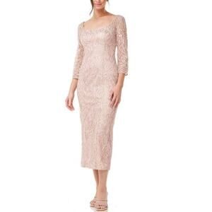 JS Collections Women's Rose Pink 3/4 Sleeve Sequin Midi Sheath Dress Size 14 NWT